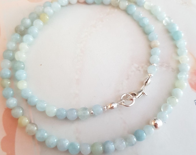 Tiny Aquamarine choker necklace Sterling Silver Gold fill 4mm natural real blue Aquamarine gemstone bead necklace March Birthstone jewellery