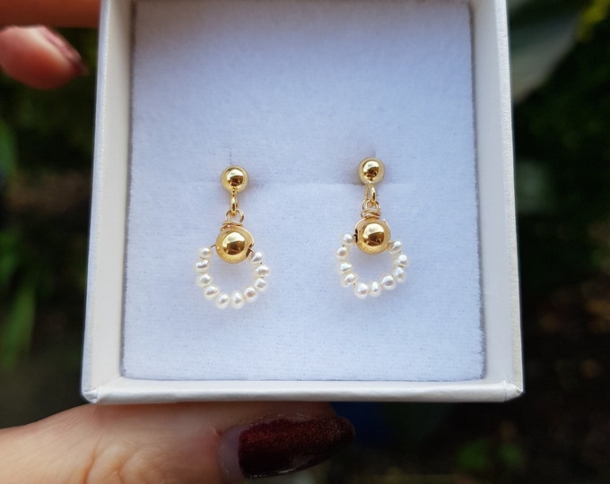 Tiny Freshwater pearl drop earrings 14K Gold Fill or Sterling Silver stud AA white real seed pearl earrings dainty bridal jewellery gift