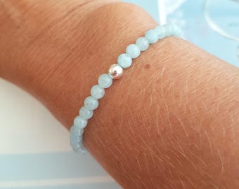 AQUAMARINE STRETCH Bracelet Sterling Silver 4mm Small blue GEMSTONE bead Bracelet small tiny beaded Bracelet March Birthstone jewellery gift