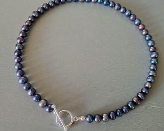 Peacock Black Freshwater Pearl necklace choker Sterling Silver 7mm real rainbow black pearl necklace June Birthstone jewellery gift for her
