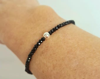 Tiny Black Spinel stretch bracelet Sterling Silver or 14K Gold Fill 3mm black Spinel gemstone bead bracelet beaded stacking jewellery gift