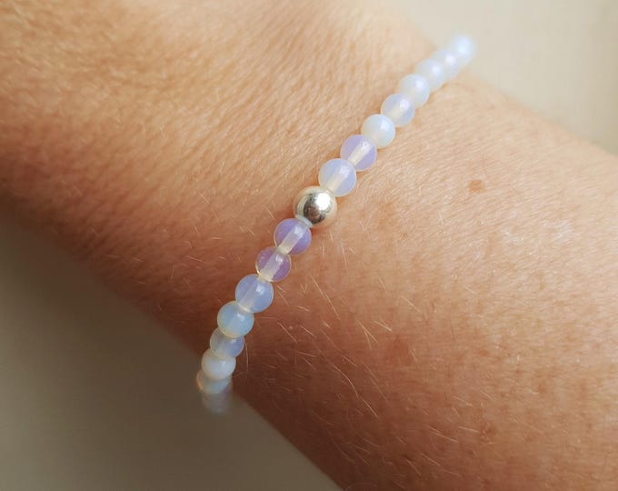 OPAL QUARTZ stretch Bracelet Sterling Silver tiny white gemstone bead Bracelet small Beaded Bracelet Opalite Chakra healing jewellery gift