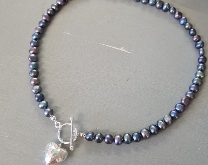 Peacock Freshwater Pearl necklace Sterling hammered heart 7mm real large Black Baroque pearl necklace June Birthstone jewellery gift for her