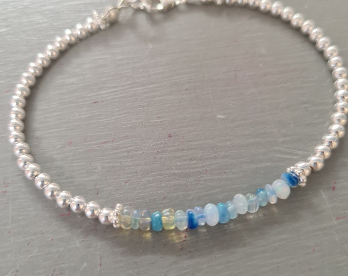 Blue Ethiopian OPAL Bracelet Sterling Silver or Gold Fill tiny gemstone bead Bracelet OCTOBER Birthstone jewellery gift Welo Opal jewelry