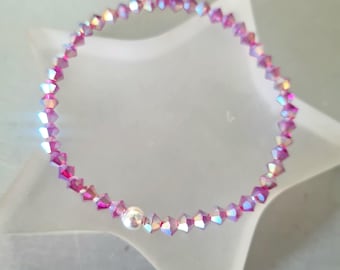 Tiny PINK AB crystal stretch bracelet Sterling Silver OR Gold Fill pink bead bracelet stacking bracelet beaded crystal jewelry gift for her