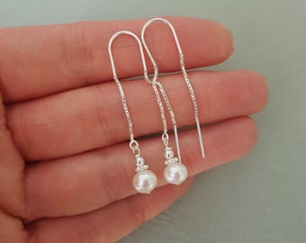 Freshwater pearl drop earrings on Sterling Silver Gold Vermeil threaders real white pearl wedding anniversary earrings bridal jewellery gift