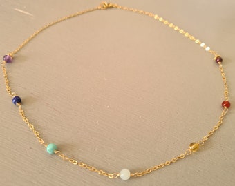 14K Gold Fill 7 chakra choker necklace tiny 4mm wire wrapped RAINBOW multi gemstone bead necklace 7 Chakra jewellery gift for her yoga lover