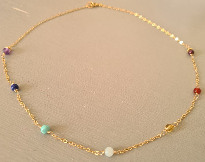 14K Gold Fill 7 chakra choker necklace tiny 4mm wire wrapped RAINBOW multi gemstone bead necklace 7 Chakra jewellery gift for her yoga lover