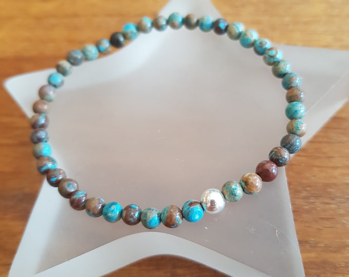 Blue brown Jasper stretch Bracelet Sterling Silver or Gold tiny 4mm blue gemstone bead Bracelet bracelet small Beaded healing jewellery gift