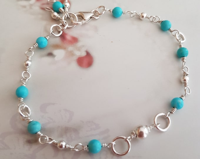 TURQUOISE BRACELET Sterling Silver wire wrapped tiny 4mm blue Turquoise gemstone bead bracelet  -December Birthstone jewellery gift for girl