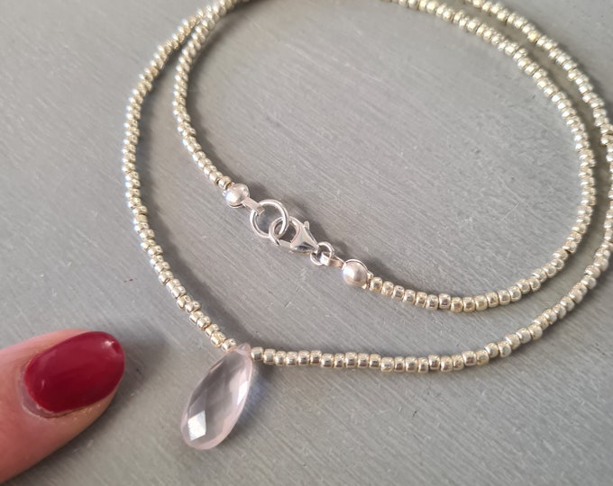 Rose Quartz necklace choker AA Rose Quartz teardrop pendant and tiny seed bead necklace January birthstone jewellery gift for her girl
