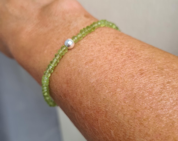 Tiny PERIDOT Stretch Bracelet Sterling Silver or Gold Fill 3mm green gemstone bead bracelet healing jewellery 16th wedding anniversary gift