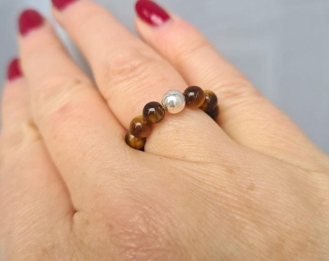 Tiger's Eye stretch Ring with a Sterling Silver or 14K Gold Fill accent bead Healing jewellery Ladies ring Men's ring Chakra Ring gift