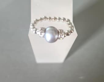 Grey Baroque Freshwater Pearl Sterling Silver stretch ring  beaded stacking ring real grey white black Pearl June Birthstone jewellery gift