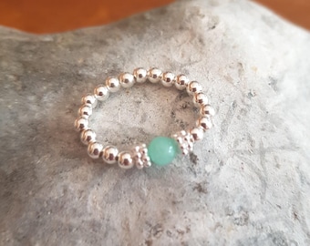 Aqua Green JADE Sterling Silver STRETCH Ring or Gold Fill tiny green gemstone bead Ring beaded stacking Boho Ring heart Chakra jewelry gift