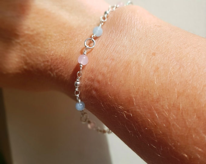 Tiny Aquamarine & Rose Quartz bracelet 925 Sterling Silver pastel gemstone Bead Bracelet wire wrapped healing crystal fertility gift for her