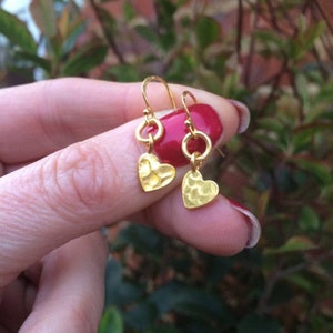 24K Gold Vermeil hammered heart earrings tiny Gold heart earrings simple Gold stud heart drop earrings Valentine jewellery gift girl friend