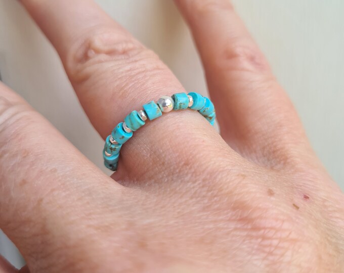 Turquoise stretch ring Sterling Silver or Gold blue Tiny Turquoise gemstone bead ring Boho stacking ring December Birthstone jewellery gift