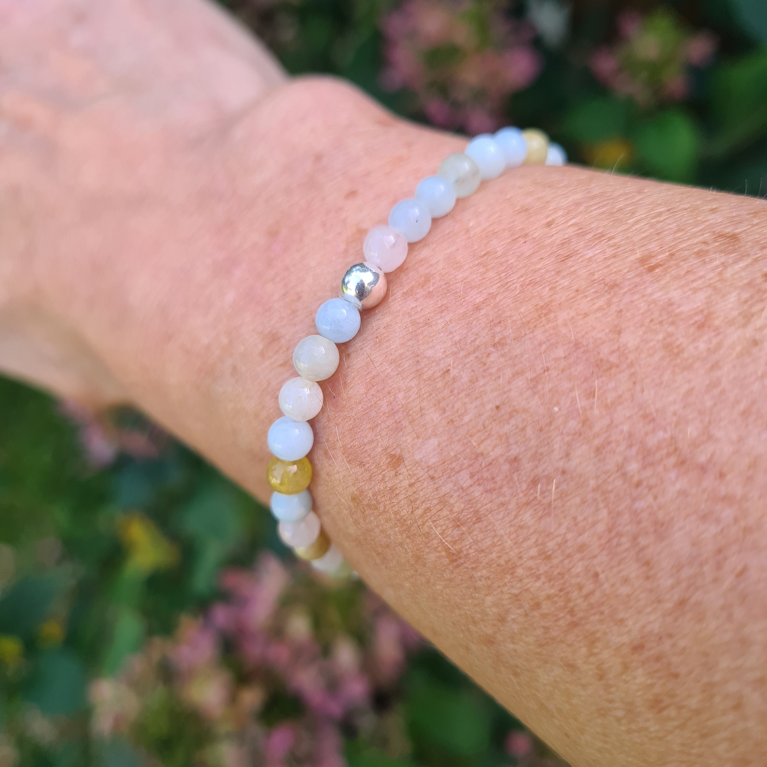 Silver Heart Pink Beaded Stretch Bracelet