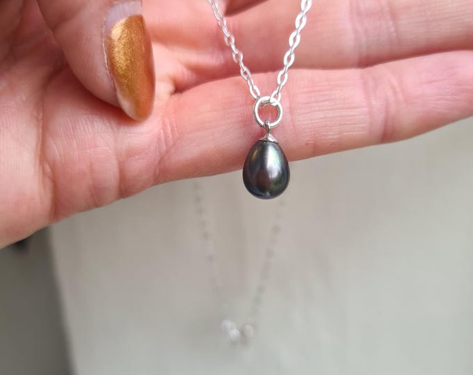 Black Freshwater Pearl drop necklace choker Sterling Silver real Peacock pearl teardrop pendant necklace June Birthstone jewellery gift her