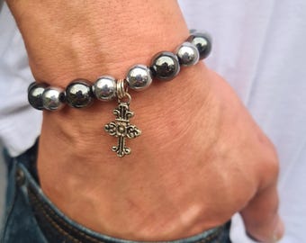 Men's Black Hematite Bracelet with cross chunky black and silver GEMSTONE bead Bracelet for men beaded Root Chakra Jewellery gift for him