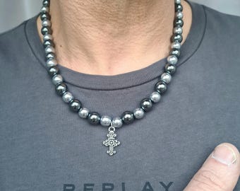Men's Black Hematite cross necklace Chunky Black & Silver Hematite gemstone bead necklace for him Root Chakra jewellery gift for men
