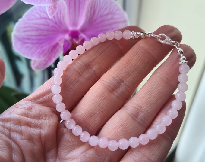 Tiny Rose Quartz Bracelet Sterling Silver Small 4mm pink Rose Quartz GEMSTONE bead Bracelet pink Bracelet January Birthstone jewellery gift