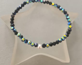 Black AB crystal stretch bracelet Sterling Silver or diamante tiny 4mm black crystal stacking bead bracelet jewellery gift for her girl her