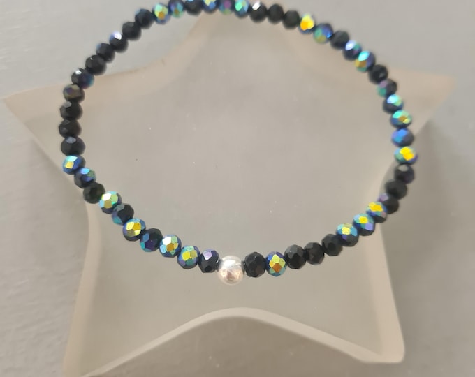 Black AB crystal stretch bracelet Sterling Silver or diamante tiny 4mm black crystal stacking bead bracelet jewellery gift for her girl her