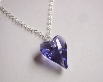 Purple Swarovski Crystal Heart Necklace Sterling Silver
