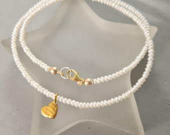 Tiny Freshwater Pearl choker necklace Sterling Silver or Gold hammered heart 2mm real white seed pearl necklace June Birthstone jewelry gift