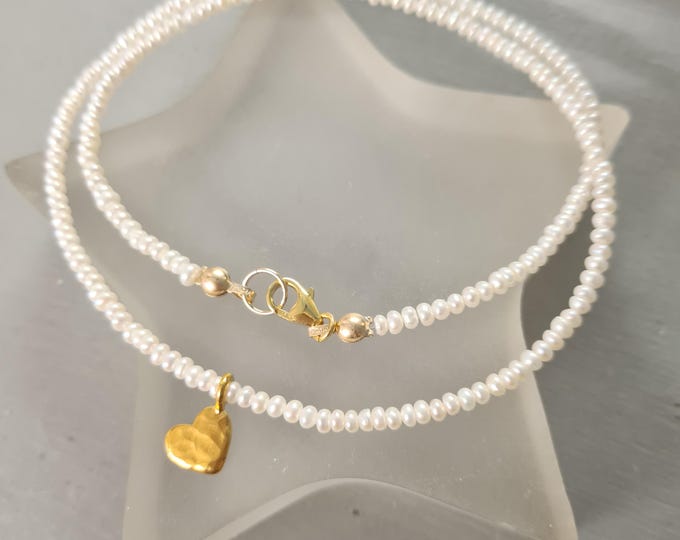 Tiny Freshwater Pearl choker necklace Sterling Silver or Gold hammered heart 2mm real white seed pearl necklace June Birthstone jewelry gift