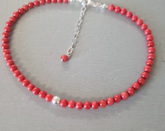 Red Coral ankle Bracelet Sterling Silver Fill tiny 4mm beaded red Coral gemstone anklet red Coral jewellery Holiday Honeymoon gift