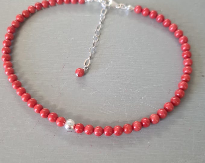 Red Coral ankle Bracelet Sterling Silver Fill tiny 4mm beaded red Coral gemstone anklet red Coral jewellery Holiday Honeymoon gift