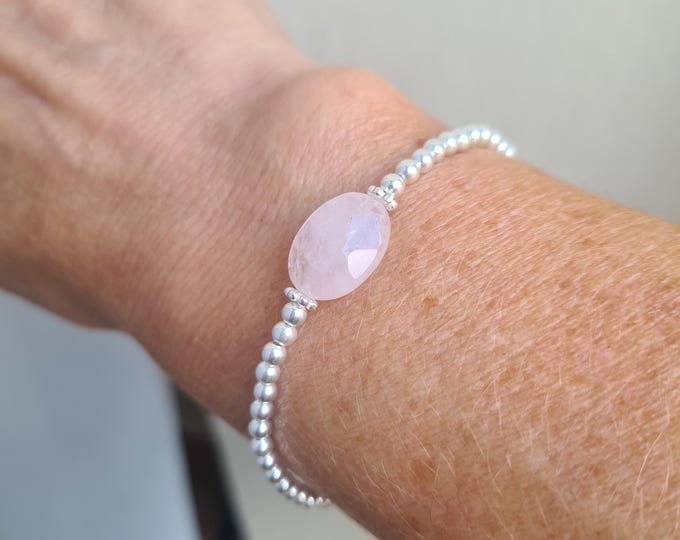Rose Quartz Sterling Silver STRETCH Bracelet or Gold pink GEMSTONE bead Bracelet tiny silver bead Bracelet January Birthstone jewellery gift