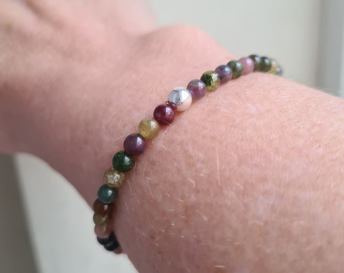 Watermelon Tourmaline STRETCH Bracelet Sterling Silver / Gold Fill tiny 4mm genuine gemstone bead bracelet October Birthstone jewellery gift