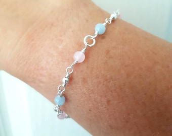 Tiny Aquamarine & Rose Quartz bracelet 925 Sterling Silver pastel gemstone Bead Bracelet wire wrapped healing crystal fertility gift for her