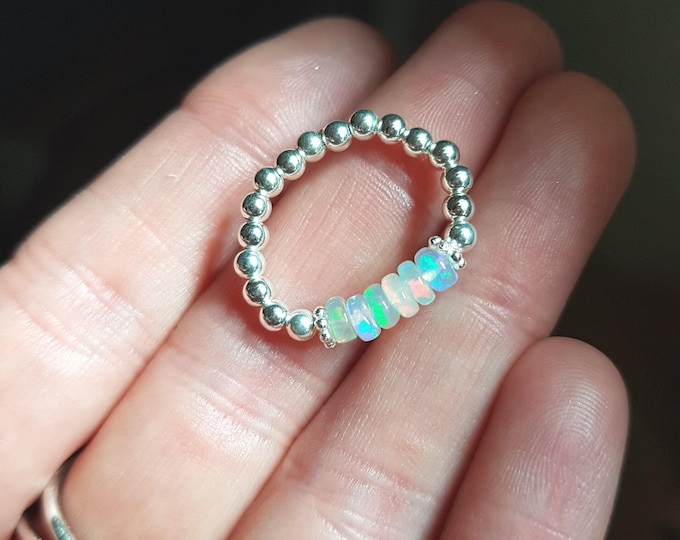 Ethiopian OPAL Ring Sterling Silver or Gold fill tiny gemstone bead stretch Ring - OCTOBER Birthstone jewellery gift for her