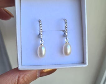 Freshwater pearl drop earrings on diamante set lever backs white Freshwater pearl earrings real pearl June Birthstone jewellery gift bridal