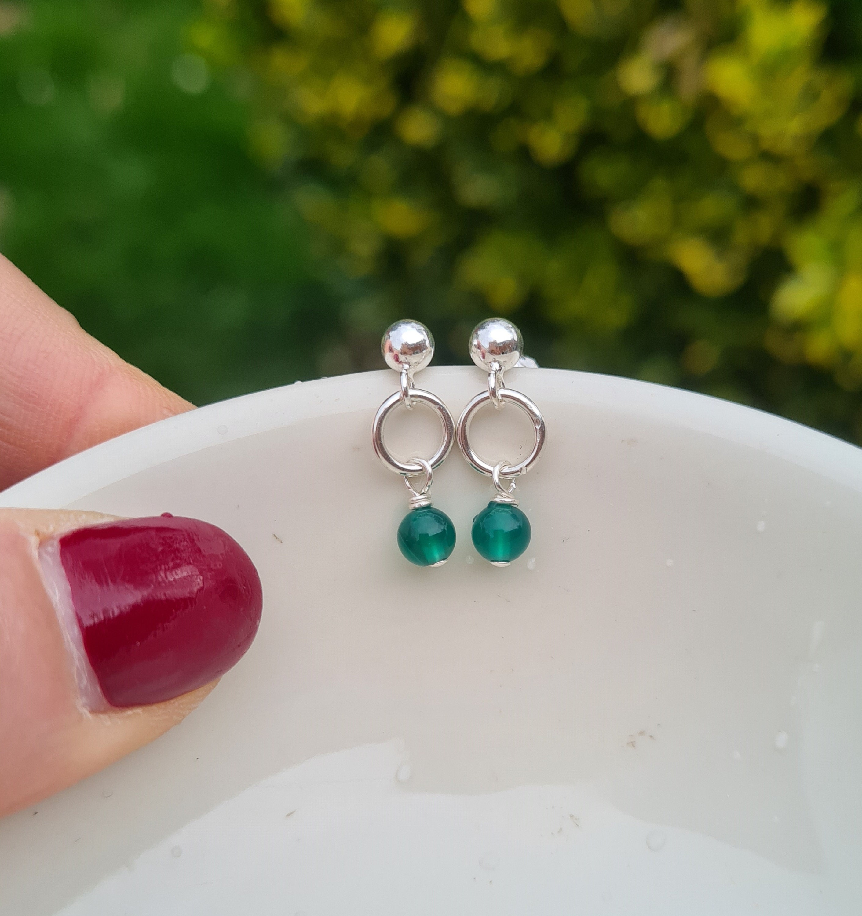 Tiny green Onyx earrings Sterling Silver stud or hook leverbacks