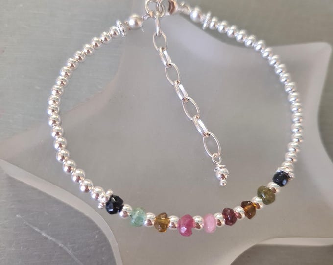 Tiny Watermelon Tourmaline Bracelet Sterling Silver Tourmaline gemstone bead bracelet October Birthstone jewellery gift for her mum girl