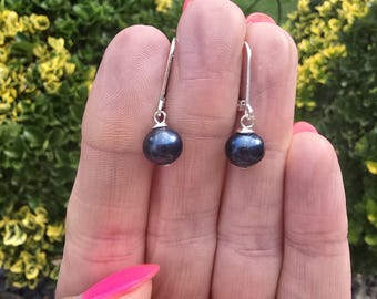 Black Freshwater pearl drop earrings Sterling Silver or Gold Fill 7-8mm real AA black pearl drop earrings June Birthstone jewellery gift