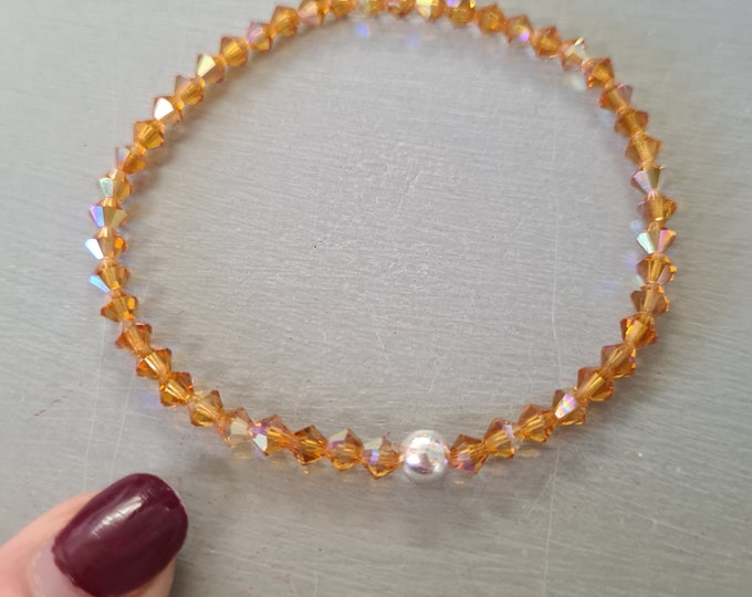 6" Tiny 4mm Topaz AB Swarovski crystal stretch bracelet Sterling Silver or Gold for SMALL WRIST November Birthstone jewellery gift