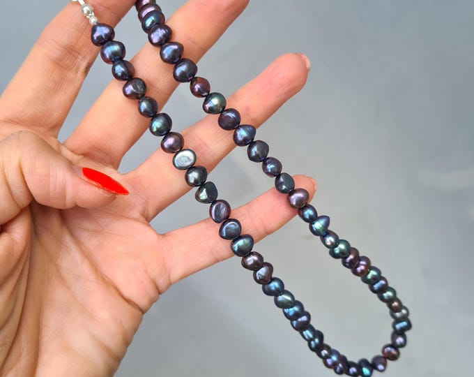 Peacock Black Freshwater Pearl necklace or choker 7mm real large AA Black pearl necklace Peacock Baroque Pearl June Birthstone jewelry gift