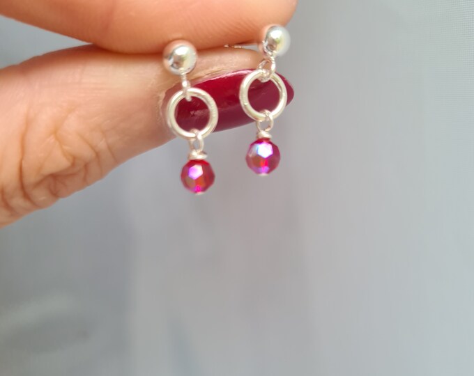 Tiny Red Crystal earrings Sterling Silver stud small 4mm Ruby red AB Swarovski Crystal drop earrings July Birthstone jewellery gift for girl