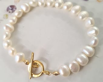 Gold Baroque Freshwater Pearl bracelet 24K Gold Vermeil toggle clasp large 7mm pearl bracelet REAL white Pearl jewellery gift for her mum