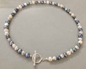 White, Grey and Peacock black Freshwater Pearl necklace 7mm Baroque pearl necklace for him or her real pearl June Birthstone jewellery gift