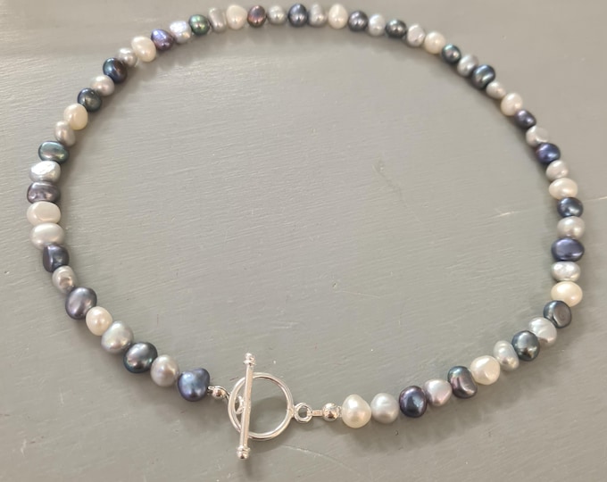 White, Grey and Peacock black Freshwater Pearl necklace 7mm Baroque pearl necklace for him or her real pearl June Birthstone jewellery gift