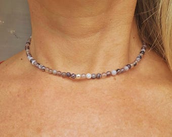 Tiny grey brown Agate necklace choker Sterling Silver or Gold Fill 4mm Botswana Agate gemstone bead Bracelet healing jewellery gift for her