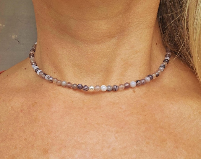 Tiny grey brown Agate necklace choker Sterling Silver or Gold Fill 4mm Botswana Agate gemstone bead Bracelet healing jewellery gift for her